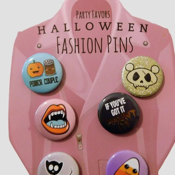 Halloween Fashion Pins Set of 6 Fangs Candy Corn Lapel Hat Metal 1 in Round - Picture 3 of 5
